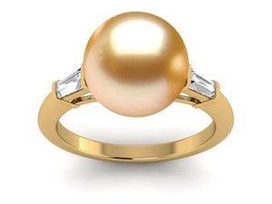 XR-655 Golden 14K Yellow GoldTapered Baguette Ring 11mm Pearl 3.05 grams, .4 carats tdw