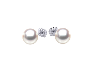 A natural color lustrous TRUE AAA QUALITY Australian South Sea Pearl Earring set features two 8mm South Sea cultured pearls. The Metal is 14K White Gold. The gram weight in this piece is approximately 0.59.