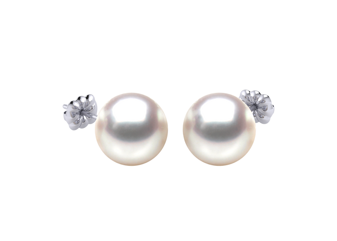 A natural color lustrous TRUE AAA QUALITY Australian South Sea Pearl Earring set features two 10mm South Sea cultured pearls. The Metal is 14K White Gold. The gram weight in this piece is approximately 0.32.