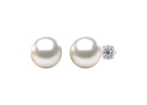 A natural color lustrous TRUE AAA QUALITY Australian South Sea Pearl Earring set features two 8mm South Sea cultured pearls. The Metal is 14K White Gold. The gram weight in this piece is approximately 1.84.