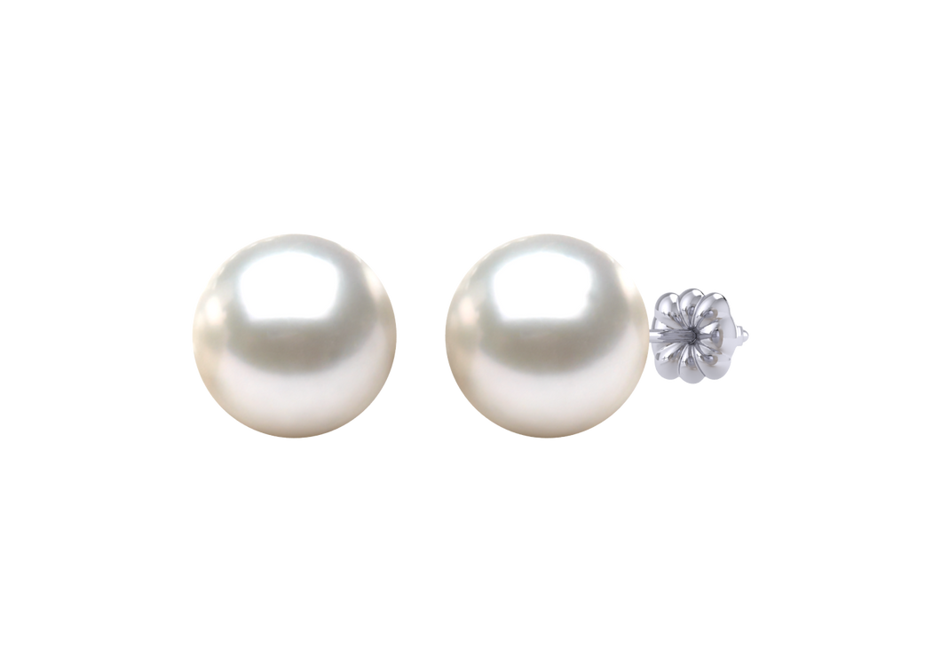 A natural color lustrous TRUE AAA QUALITY Australian South Sea Pearl Earring set features two 8mm South Sea cultured pearls. The Metal is 14K White Gold. The gram weight in this piece is approximately 1.84.