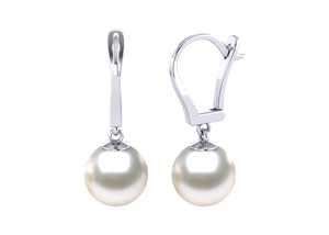 A natural color lustrous TRUE AAA QUALITY Australian South Sea Pearl Earring set features two 8mm South Sea cultured pearls. The Metal is 14K White Gold. The gram weight in this piece is approximately 1.45.