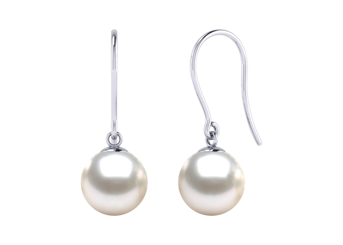 A natural color lustrous TRUE AAA QUALITY Australian South Sea Pearl Earring set features two 8mm South Sea cultured pearls. The Metal is 14K White Gold. The gram weight in this piece is approximately 0.93.
