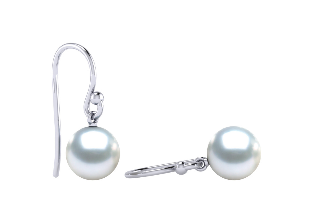 A natural color lustrous TRUE AAA QUALITY Australian South Sea Pearl Earring set features two 9mm South Sea cultured pearls. The Metal is 14K White Gold. The gram weight in this piece is approximately 0.32.
