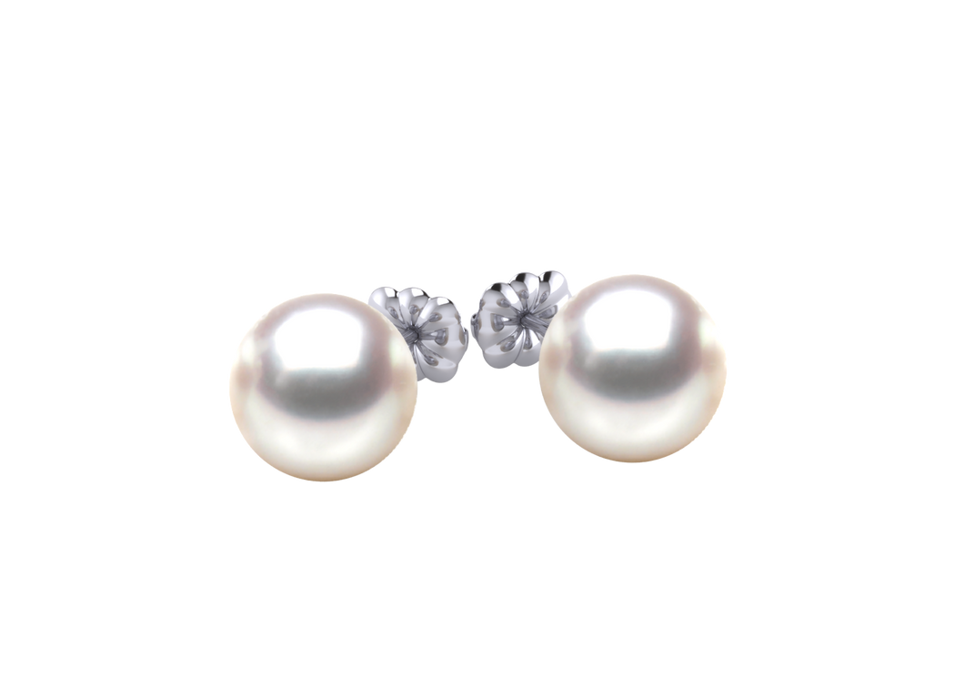 A natural color lustrous TRUE AAA QUALITY Australian South Sea Pearl Earring set features two 10mm South Sea cultured pearls. The Metal is 14K Yellow Gold. The gram weight in this piece is approximately 0.32.