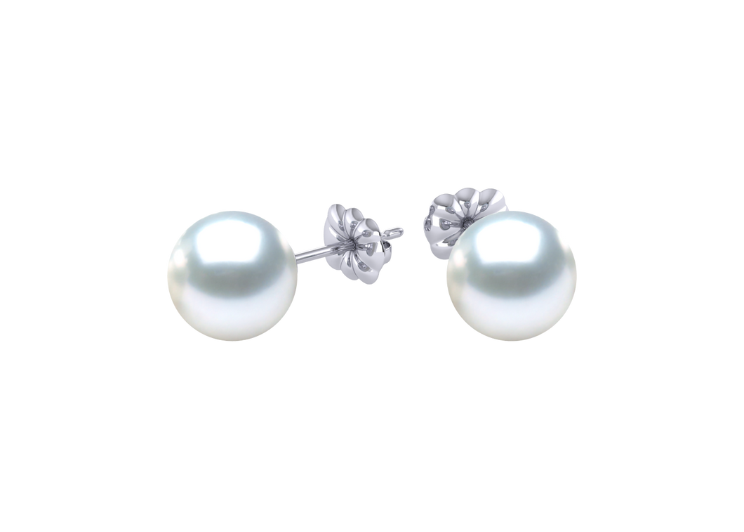 A natural color lustrous TRUE AAA QUALITY Australian South Sea Pearl Earring set features two 8mm South Sea cultured pearls. The Metal is 14K White Gold. The gram weight in this piece is approximately 0.32.