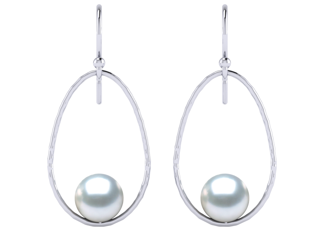 A natural color lustrous TRUE AAA QUALITY Australian South Sea Pearl Earring set features two 8.9mm South Sea cultured pearls. The Metal is 14K White Gold. The gram weight in this piece is approximately 3.66.