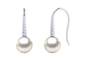 A natural color lustrous TRUE AAA QUALITY Australian South Sea Pearl Earring set features two 9mm South Sea cultured pearls. The Metal is 14K White Gold. The gram weight in this piece is approximately 2.