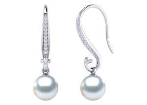 A natural color lustrous TRUE AAA QUALITY Australian South Sea Pearl Earring set features two 8.9mm South Sea cultured pearls. The Metal is 14K White Gold. The gram weight in this piece is approximately 2.78.