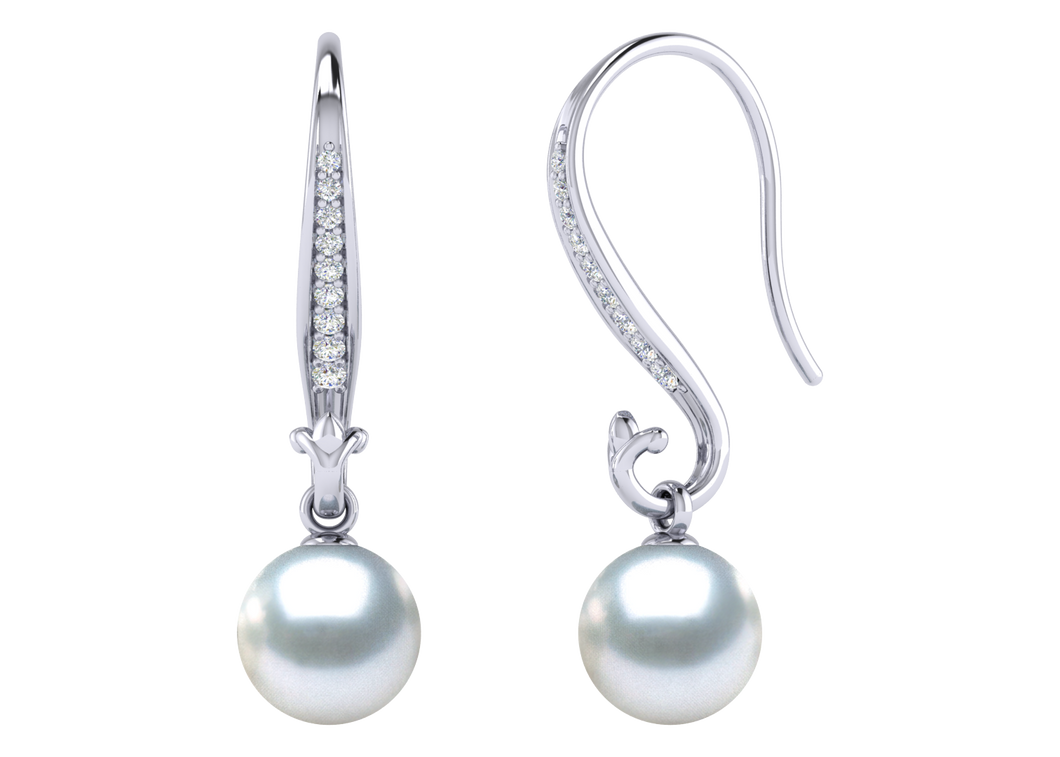 A natural color lustrous TRUE AAA QUALITY Australian South Sea Pearl Earring set features two 8.9mm South Sea cultured pearls. The Metal is 14K White Gold. The gram weight in this piece is approximately 2.78.