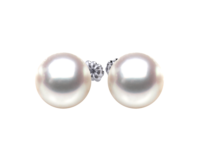 A natural color lustrous TRUE AAA QUALITY Australian South Sea Pearl Earring set features two 9mm South Sea cultured pearls. The Metal is 14K White Gold. The gram weight in this piece is approximately .
