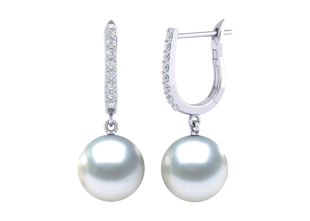 A natural color lustrous TRUE AAA QUALITY Australian South Sea Pearl Earring set features two 8mm South Sea cultured pearls. The Metal is 14K White Gold. The gram weight in this piece is approximately 2.43.