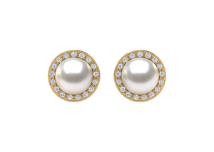 A natural color lustrous TRUE AAA QUALITY Australian South Sea Pearl Earring set features two 8mm South Sea cultured pearls. The Metal is 14K White Gold. The gram weight in this piece is approximately 1.56. This piece features G color, SI clarity diamonds