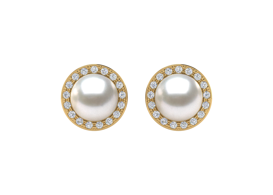 A natural color lustrous TRUE AAA QUALITY Australian South Sea Pearl Earring set features two 8mm South Sea cultured pearls. The Metal is 14K White Gold. The gram weight in this piece is approximately 1.56. This piece features G color, SI clarity diamonds