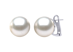 A natural color lustrous TRUE AAA QUALITY Australian South Sea Pearl Earring set features two 12mm South Sea cultured pearls. The Metal is 14K White Gold. The gram weight in this piece is approximately 3.47.