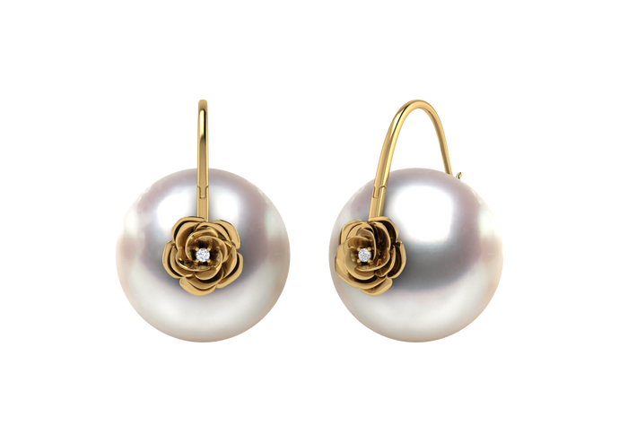 A natural color lustrous TRUE AAA QUALITY Australian South Sea Pearl Earring set features two 14mm South Sea cultured pearls. The Metal is 14K White Gold. The gram weight in this piece is approximately 2.53.