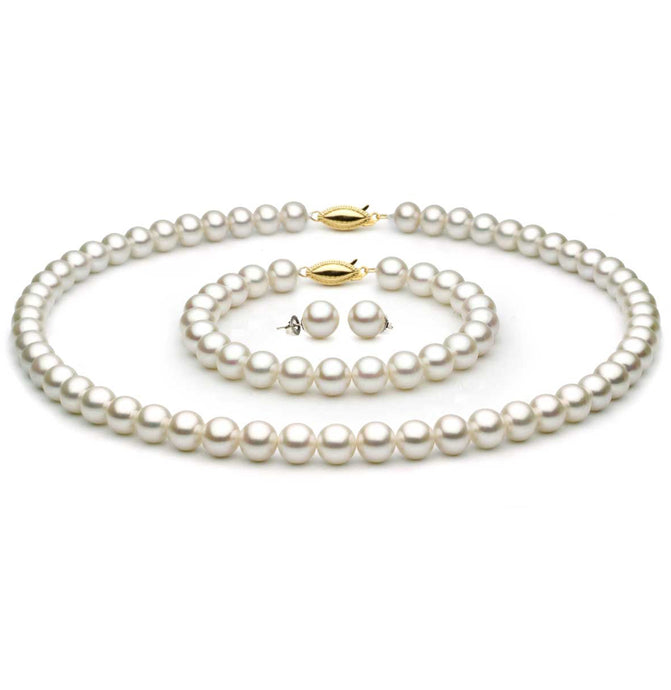 7.0 x 7.50mm Round AA Quality White Saltwater Cultured Pearl Necklace 16 Inches Set