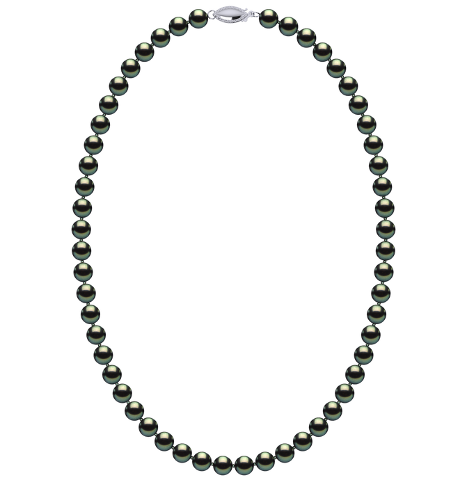 6.5mm x 7mm Round True AAA Quality Black Green Freshwater Cultured Pearl Necklace