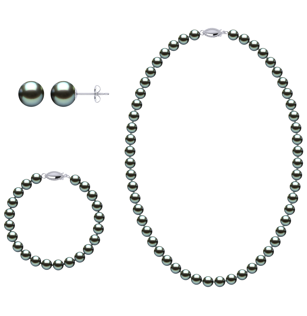 6.5mm x 7mm Round True AAA Quality Blue Freshwater Cultured Pearl Necklace Set