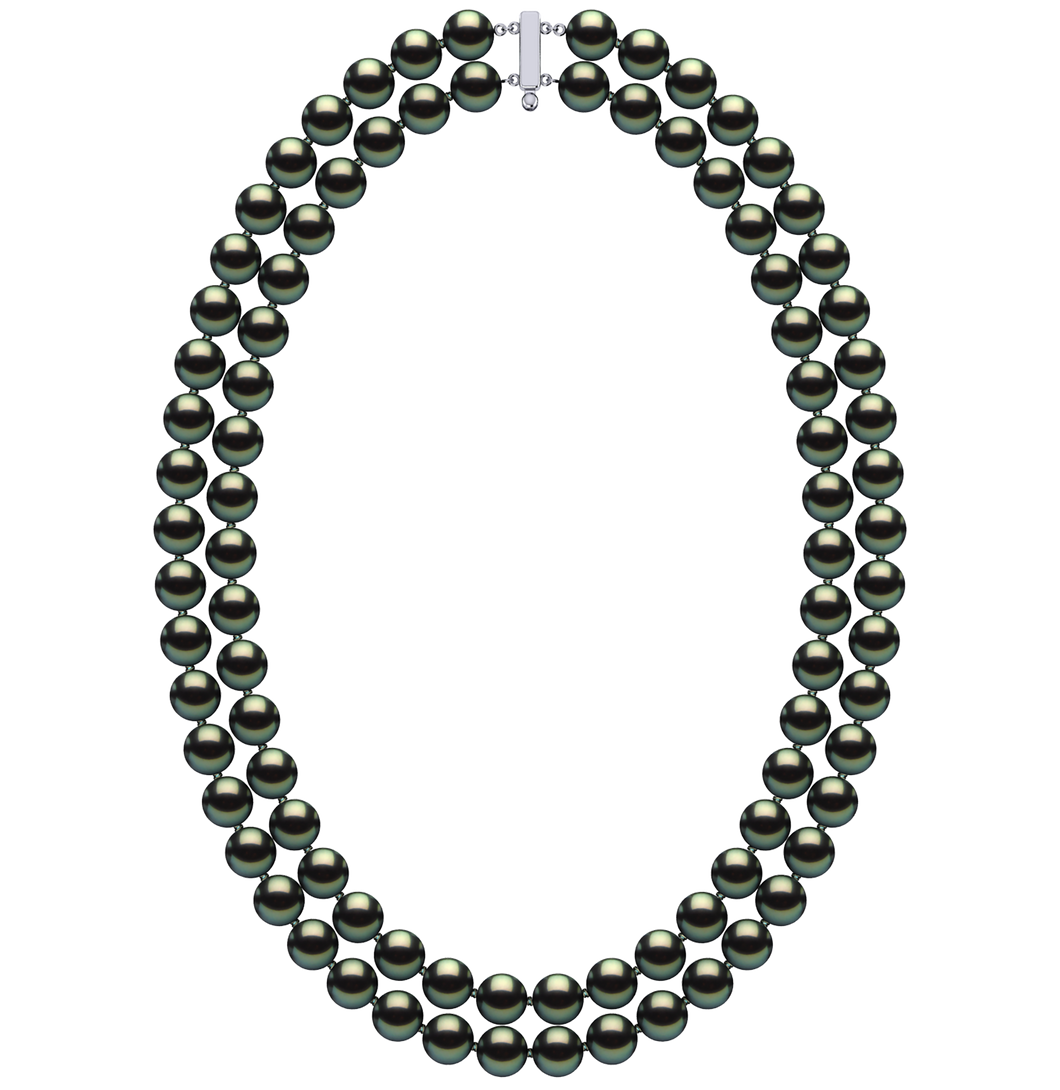 8mm x 9mm Round True AAA Quality Black Green Freshwater Cultured Pearl Necklace