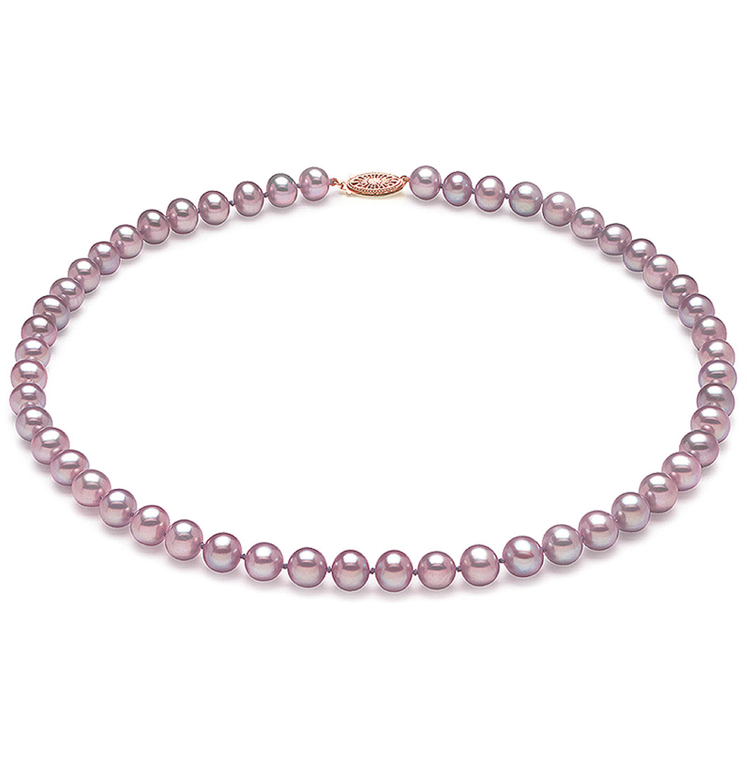 6.5mm x 7mm Near-Round AA Quality Lavender Freshwater Cultured Pearl Necklace from China with a 14K Gold Clasp