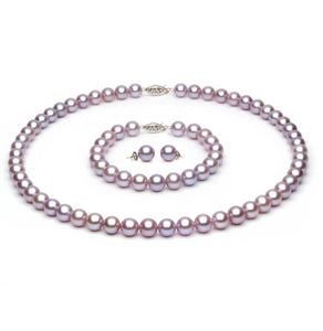 6.5mm x 7mm Round AAA Quality Lavender Freshwater Cultured Pearl Necklace Set