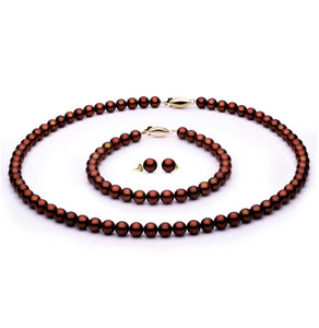 6.5mm x 7mm Round AAA Quality Mocha Freshwater Cultured Pearl Necklace Set from China with a 14K Gold Clasp