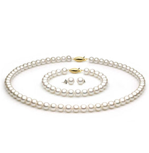 6.5mm x 7mm Round AAA Quality White Freshwater Cultured Pearl Necklace Set from China with a 14K Gold Clasp
