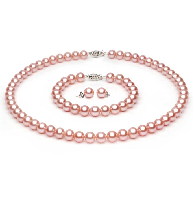 6.5mm x 7mm Round AAA Quality Peach Freshwater Cultured Pearl Necklace Set