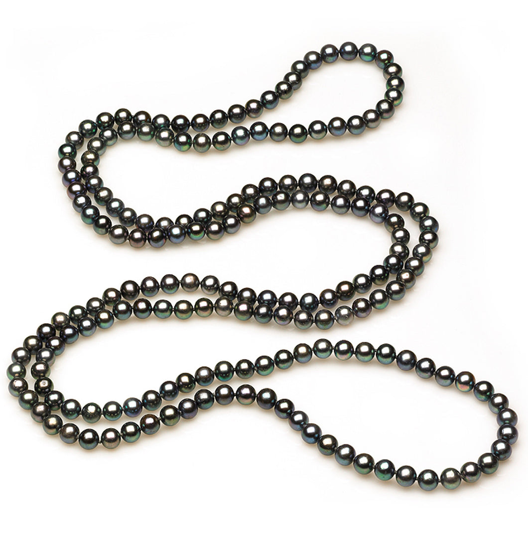 7mm x 7.5mm Round AAA Quality Black Freshwater Cultured Pearl Necklace  60 Inches