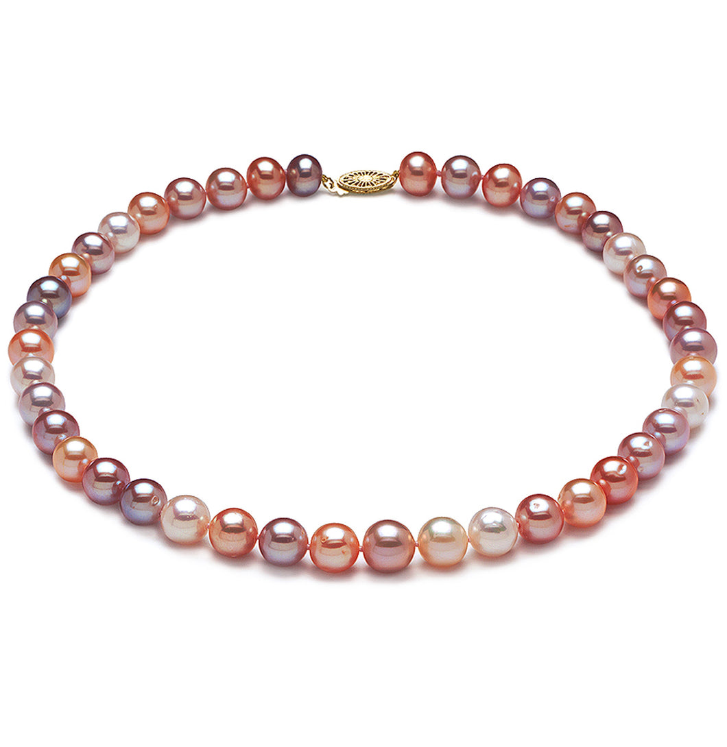 9mm x 10mm Round AAA Quality Multicolor Freshwater Cultured Pearl Necklace from China with a 14K Gold Clasp