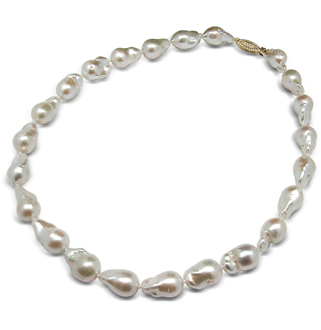 11mm x 12mm Baroque AAA Quality White Freshwater Cultured Pearl Necklace from China with a 14K Gold Clasp