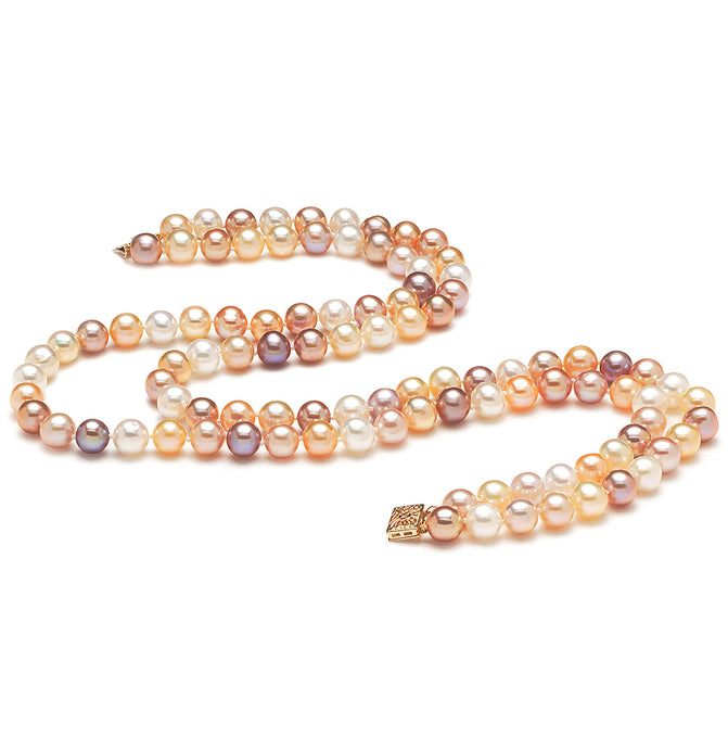 8mm x 9mm Round AAA Quality Multicolor Freshwater Cultured Pearl Necklace from China with a 14K Gold Clasp