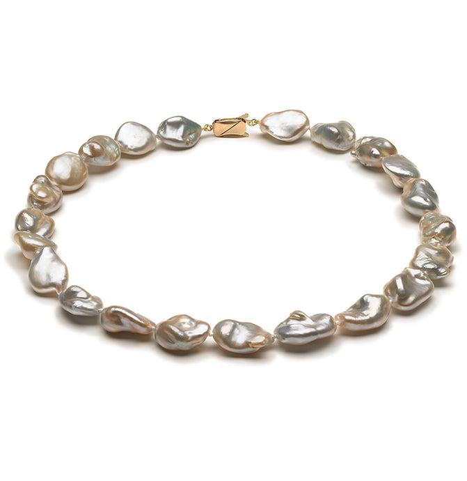 14mm x 15mm Baroque AAA Quality White Freshwater Cultured Pearl Necklace from China with a 14K Gold Clasp