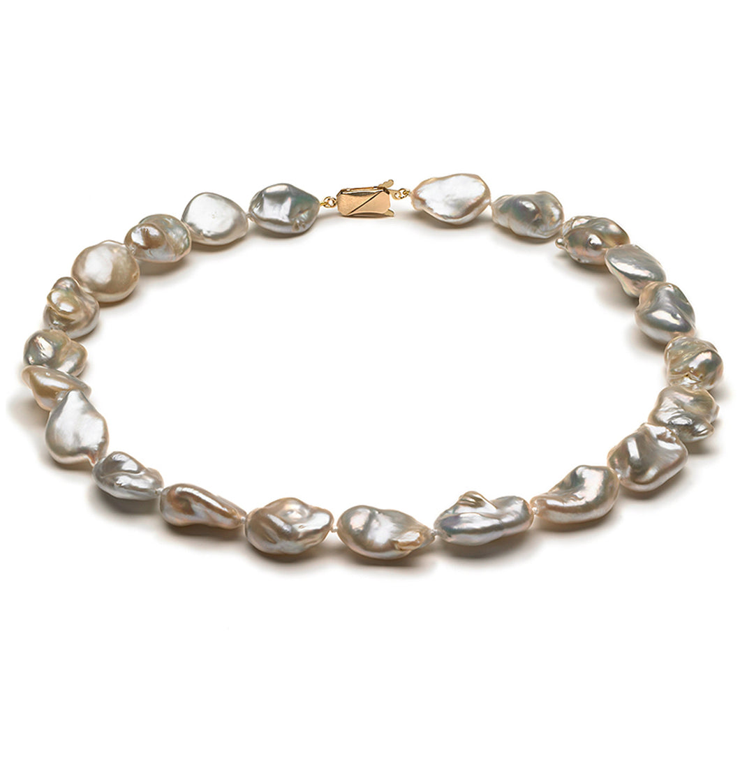 14mm x 15mm Baroque AAA Quality White Freshwater Cultured Pearl Necklace from China with a 14K Gold Clasp