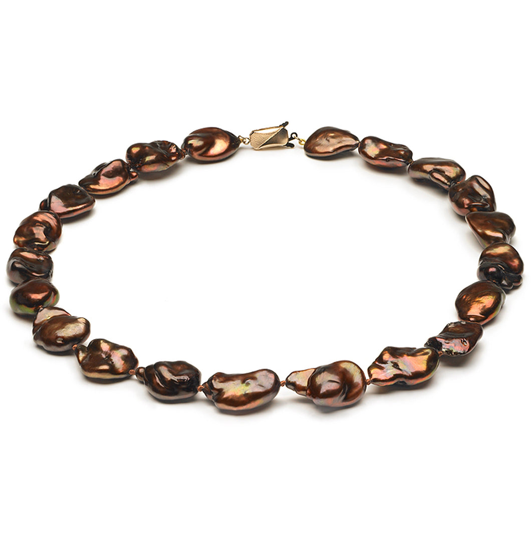 14mm x 15mm Baroque AAA Quality Mocha Freshwater Cultured Pearl Necklace from China with a 14K Gold Clasp