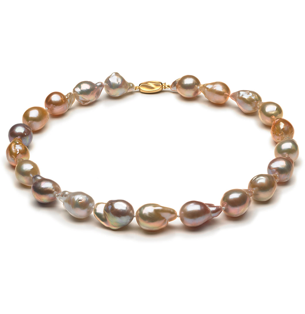13mm x 15mm Baroque AAA Quality Multicolor Freshwater Cultured Pearl Necklace from China with a 14K Gold Clasp