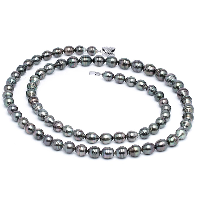 8 x 10mm Baroque True AAA Quality Dark Black Green Saltwater Cultured Pearl Necklace from French Polynesia with a Silver Clasp 32 Inches