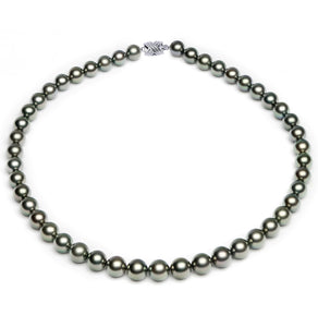 8 x 9mm Round True AAA Quality Grey Green Saltwater Cultured Pearl Necklace from French Polynesia with a Silver Clasp
