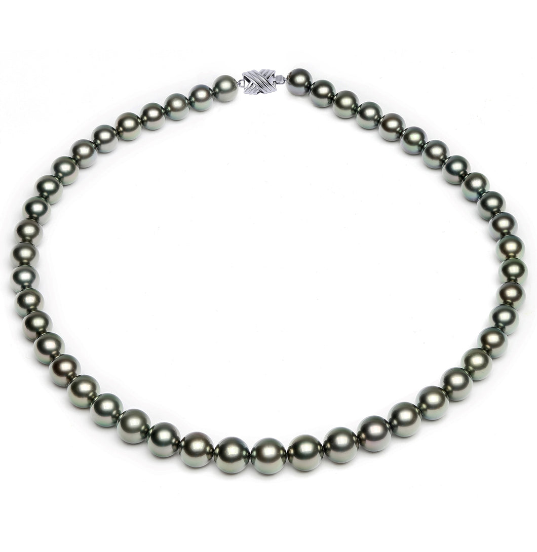 8 x 9mm Round True AAA Quality Grey Green Saltwater Cultured Pearl Necklace from French Polynesia with a Silver Clasp