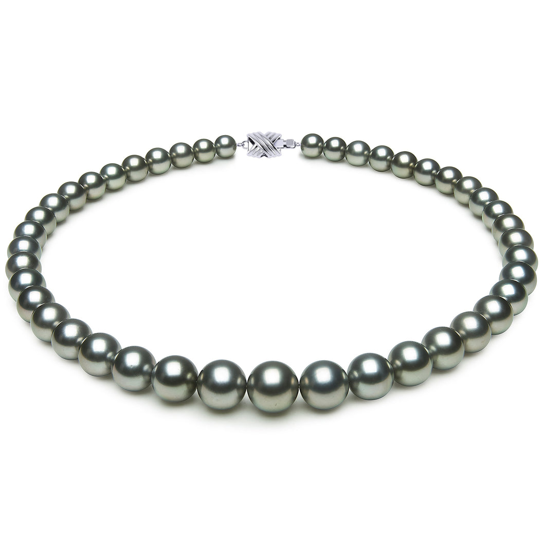 8 x 11mm Round True AAA Quality Green Saltwater Cultured Pearl Necklace from French Polynesia with a Silver Clasp
