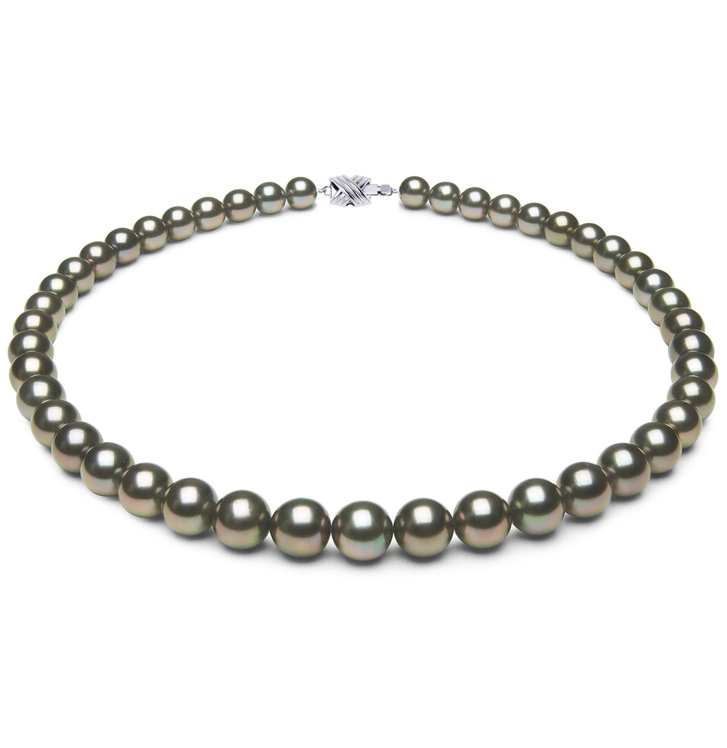 8 x 9mm Round True AAA Quality Dark Green Saltwater Cultured Pearl Necklace from French Polynesia with a Silver Clasp