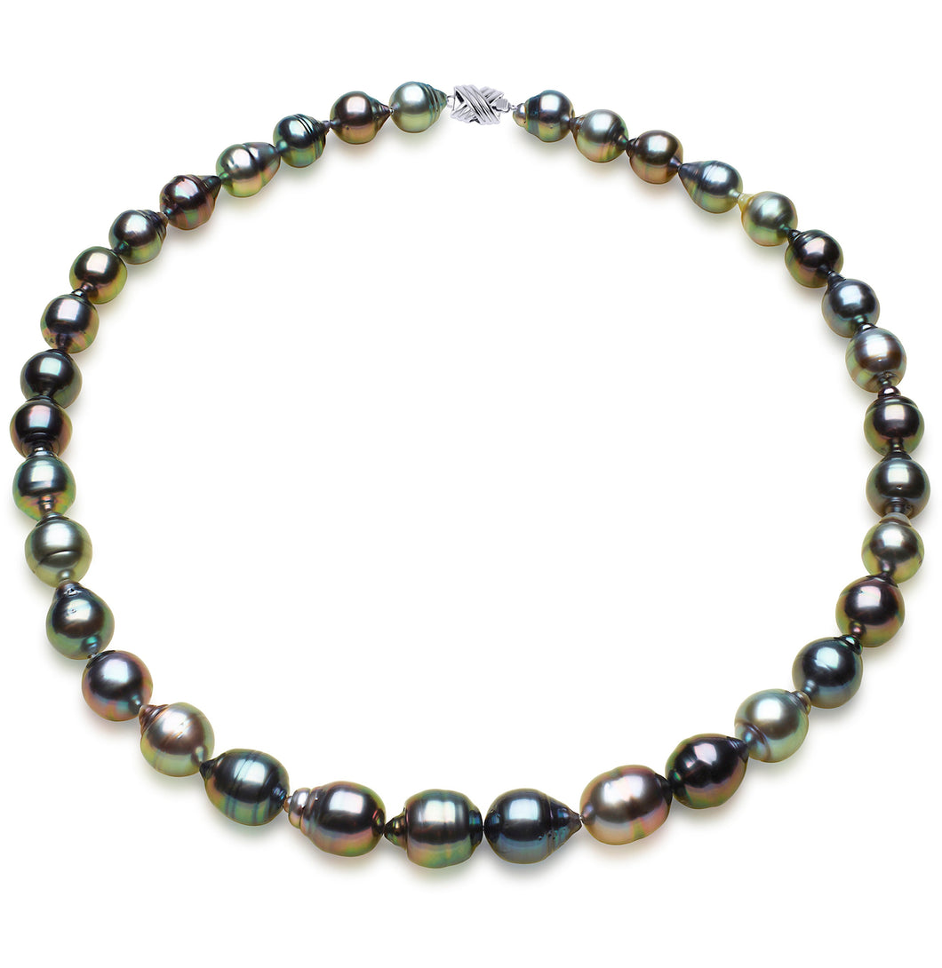 9 x 11mm Baroque True AAA Quality Multicolor Saltwater Cultured Pearl Necklace from French Polynesia with a Silver Clasp
