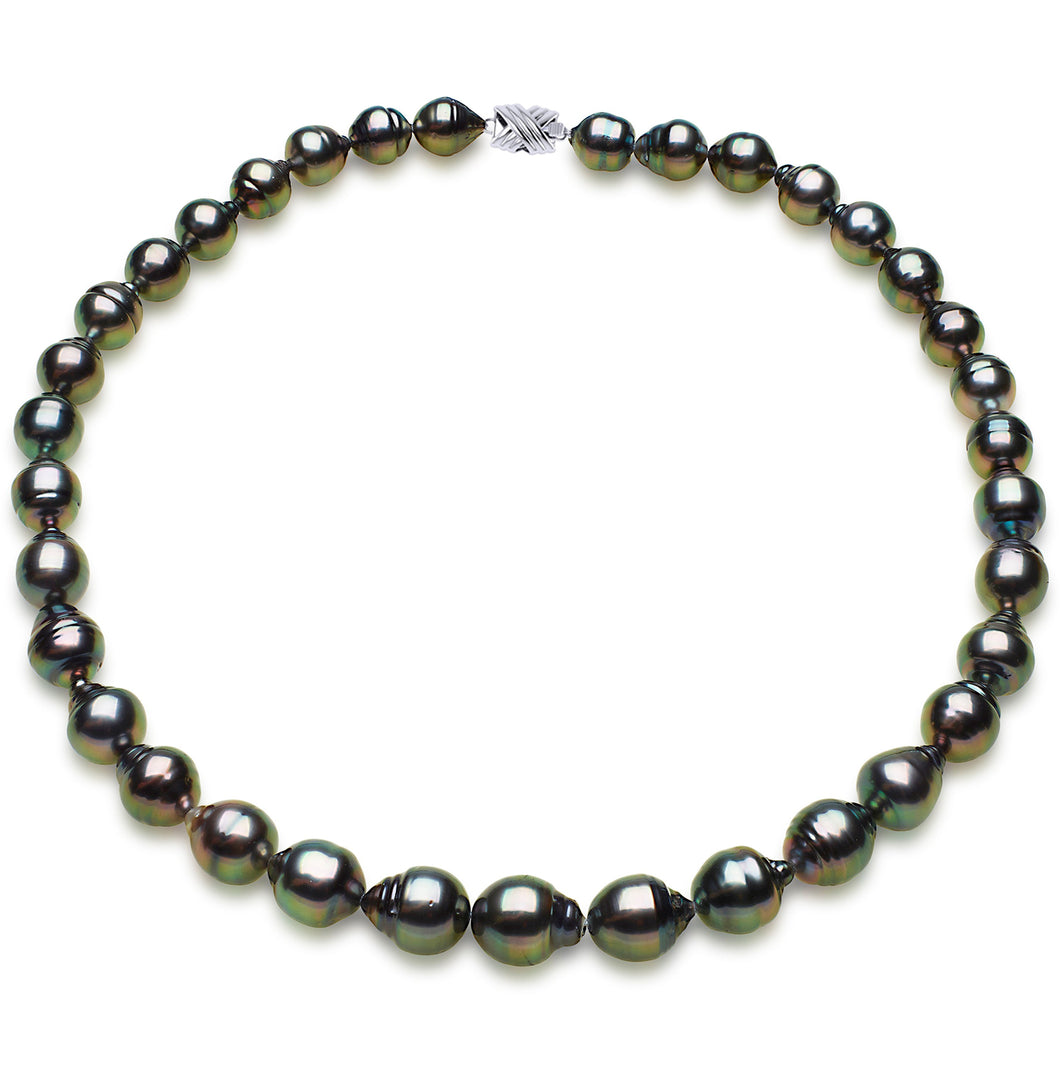 9 x 11mm Baroque True AAA Quality Peacock Saltwater Cultured Pearl Necklace from French Polynesia with a Silver Clasp