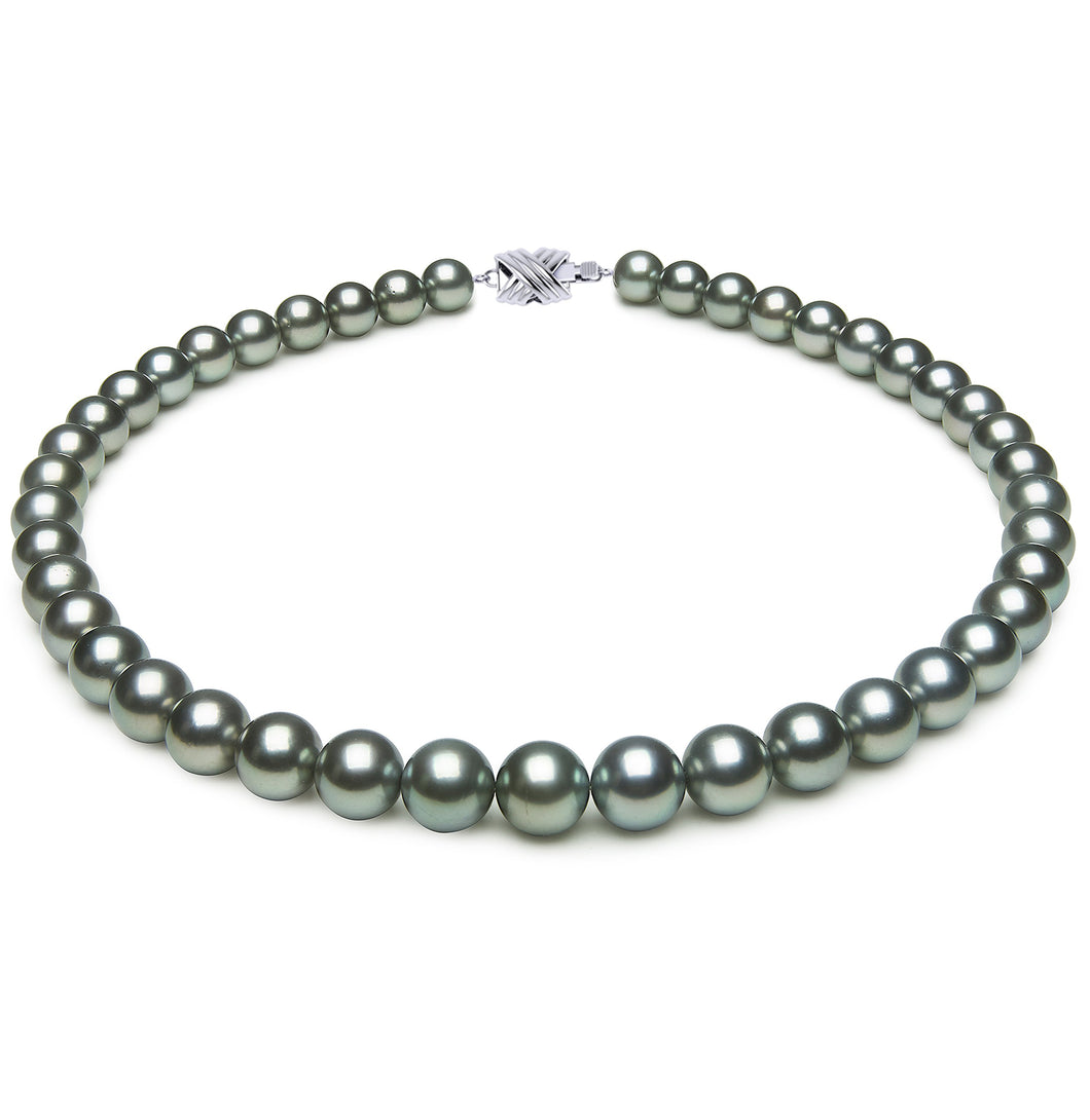 9 x 10mm Round True AAA Quality Grey Blue Saltwater Cultured Pearl Necklace from French Polynesia with a Silver Clasp