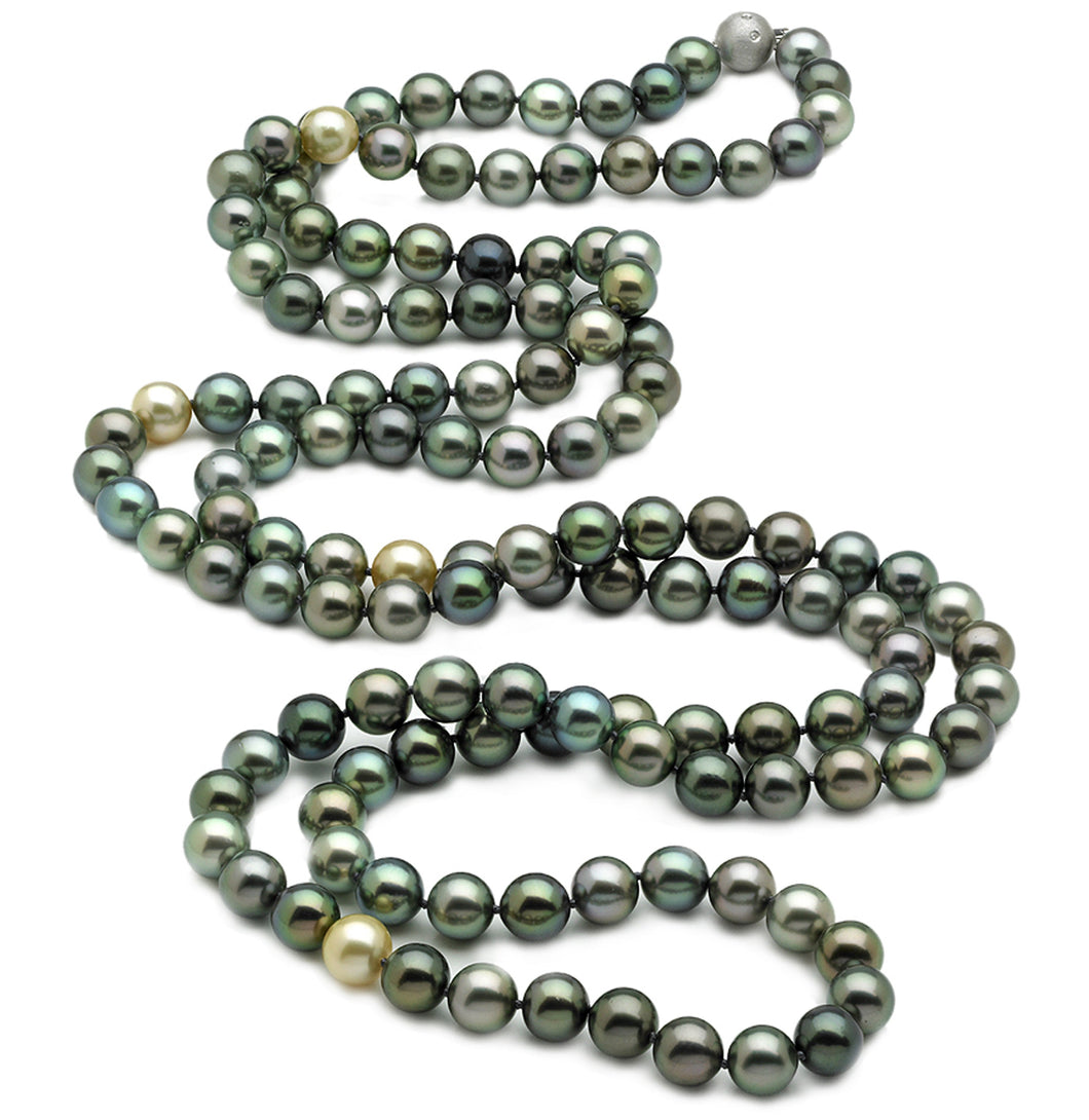 9 x 10mm Round AAA Quality Black, Blue, Grey and Golden Saltwater Cultured Pearl Necklace from French Polynesia, Australia with a Silver Clasp 32 Inches