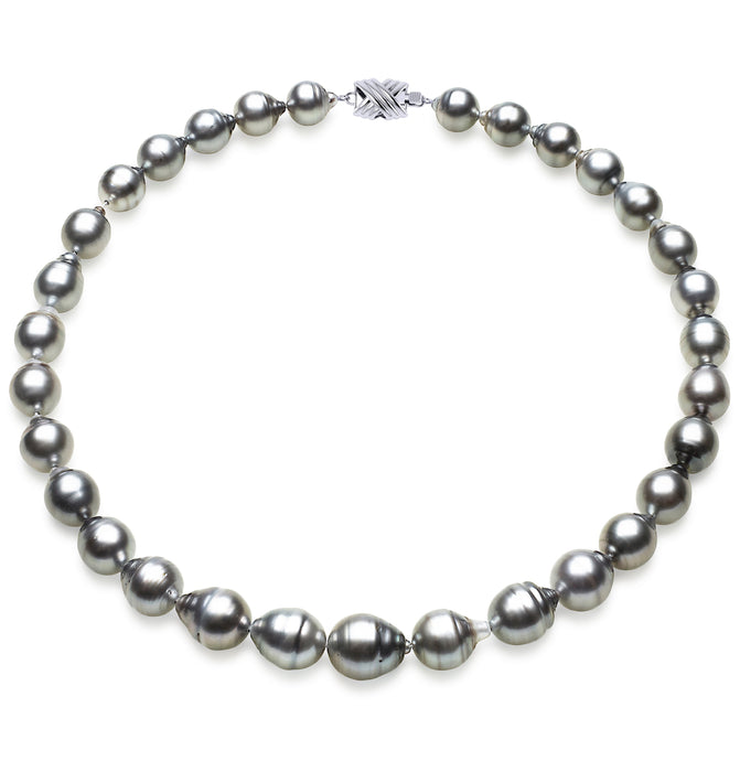 10 x 12mm Baroque True AAA Quality Grey Saltwater Cultured Pearl Necklace from French Polynesia with a Silver Clasp
