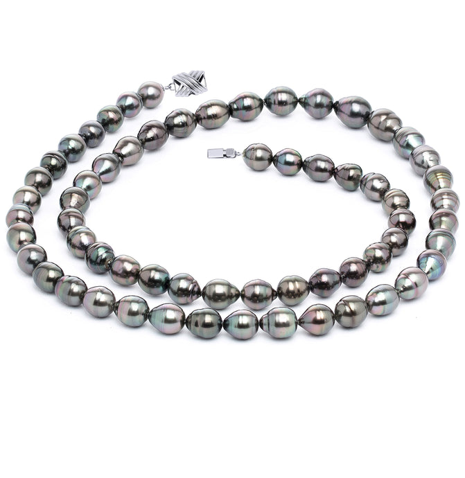 10 x 12mm Baroque True AAA Quality Dark Black Green Saltwater Cultured Pearl Necklace from French Polynesia with a Silver Clasp 32 Inches
