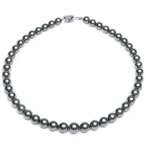 10 x 11mm Round True AAA Quality Blue Saltwater Cultured Pearl Necklace from French Polynesia with a Silver Clasp