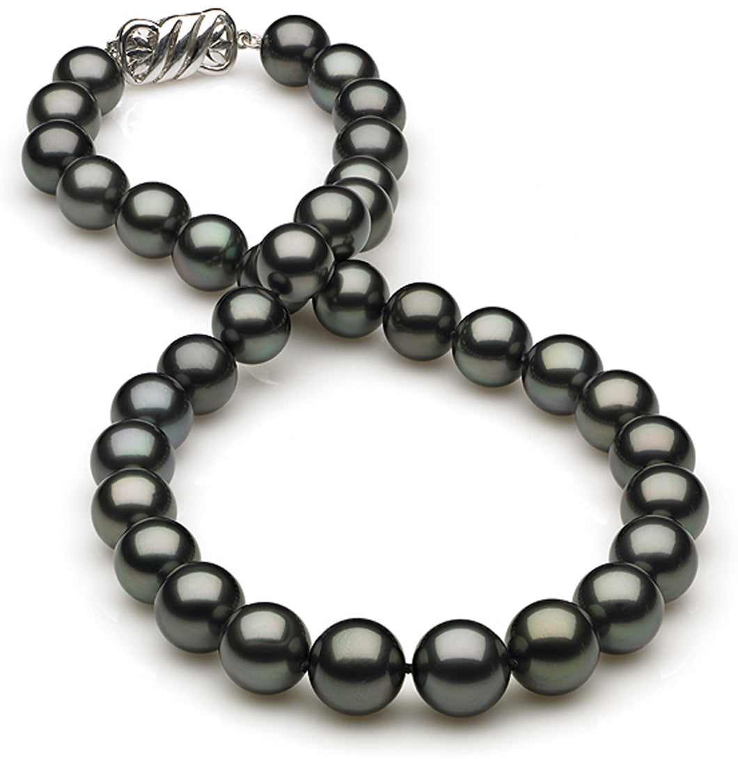 10 x 11mm Round True AAA Quality Dark Black Green Saltwater Cultured Pearl Necklace from French Polynesia with a Silver Clasp